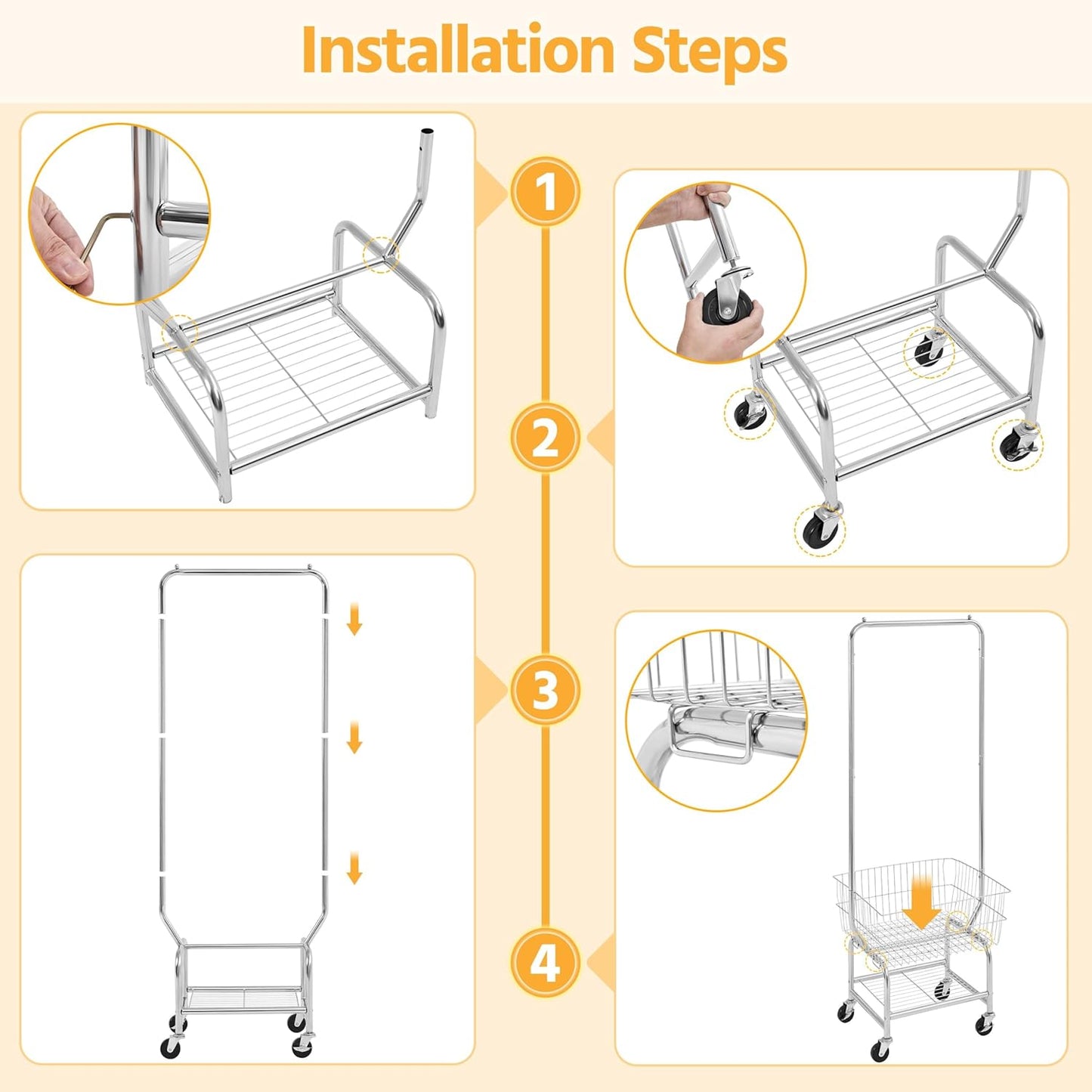 Rolling Laundry Cart with Hanging Rack – Chrome-Plated Organizer