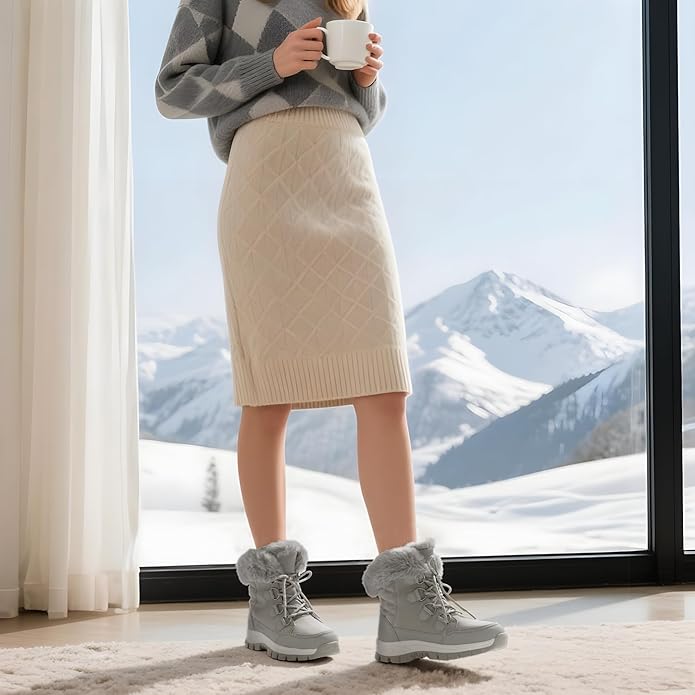 Hespera Women’s Waterproof Snow Boots – Faux Fur Insulated Lace-Up Mid-Calf Winter Shoes (Light Grey, Size 8.5)