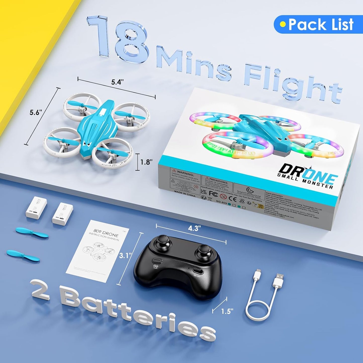 Mini LED Drone for Kids – Indoor RC Drone with 360° Flips, 2 Batteries & One-Key Takeoff (Light Blue)
