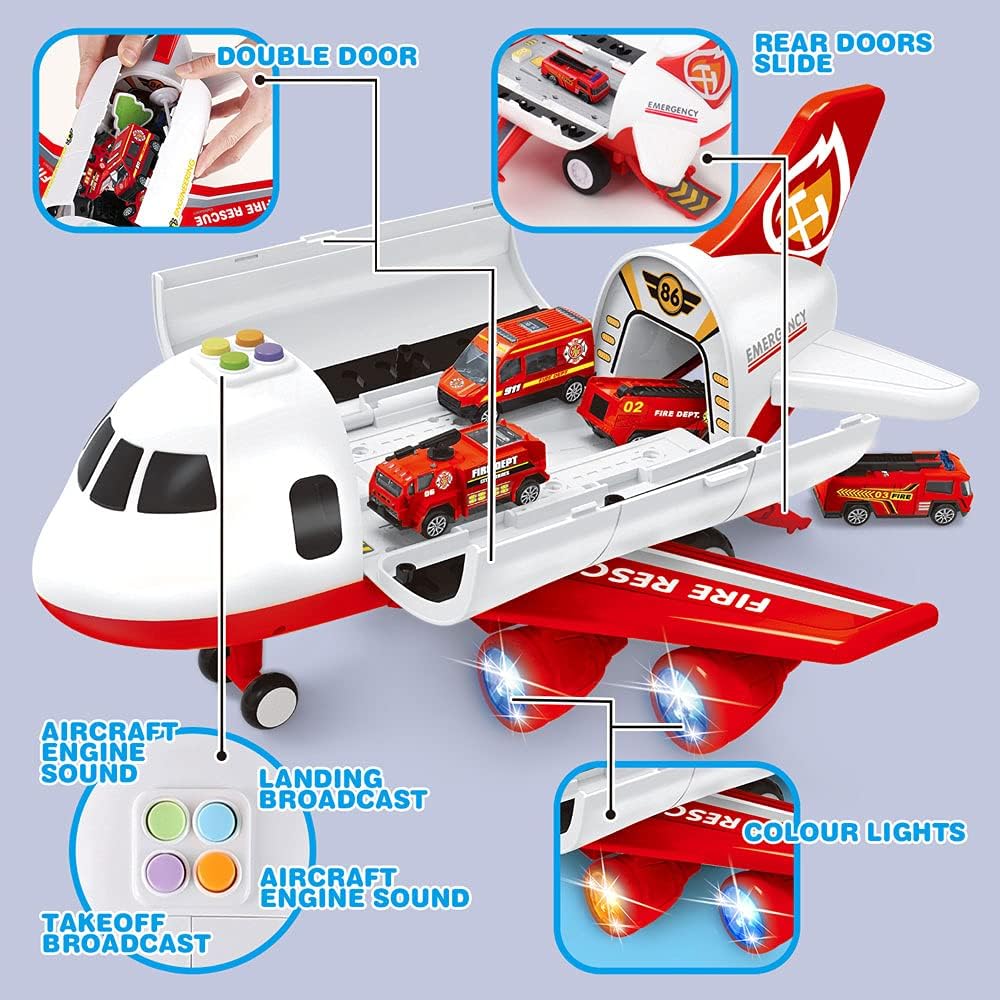 Airplane Toy Playset – Includes Fire Trucks, Play Mat, Lights & Sounds (Ages 3+)