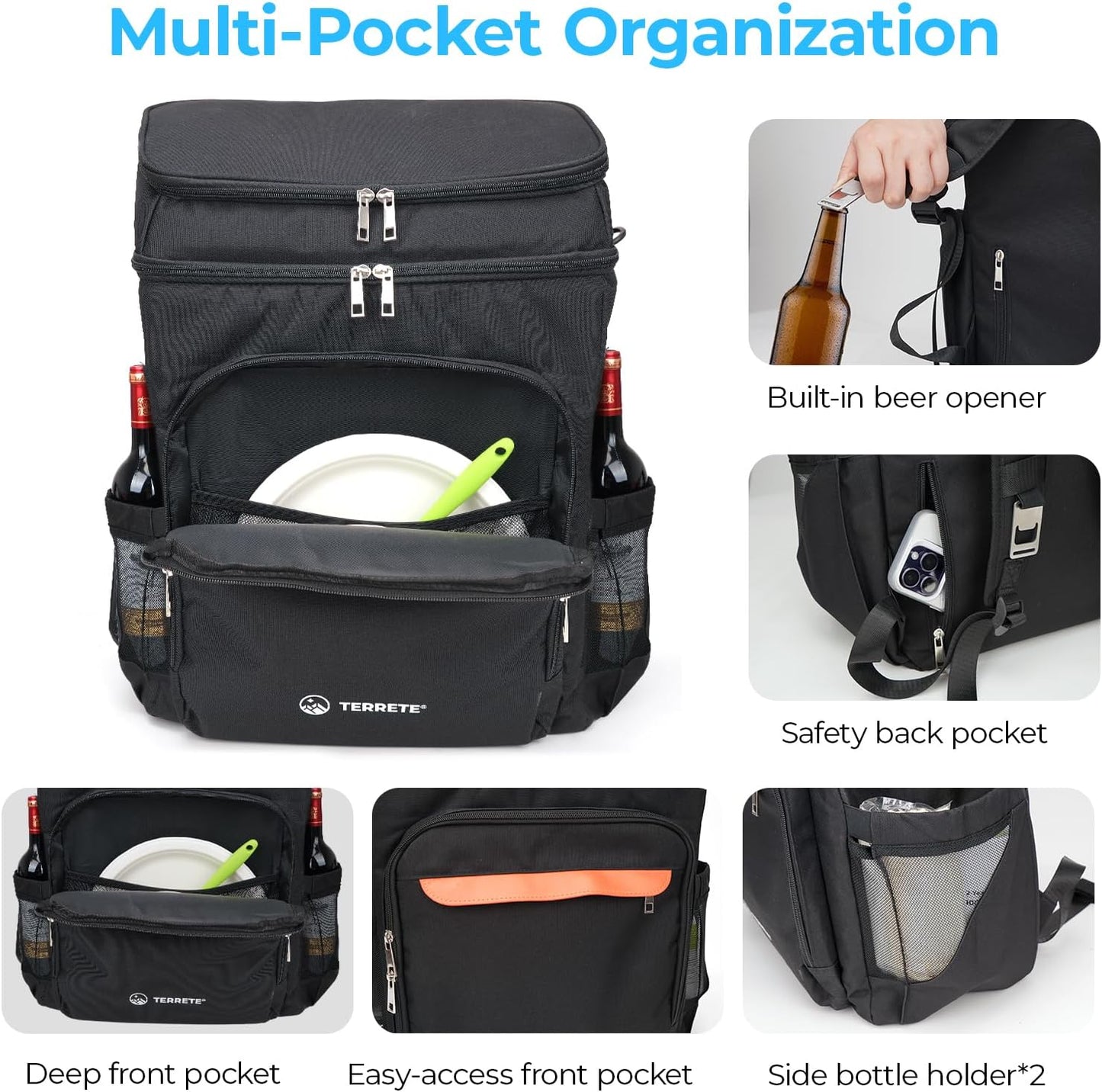 Insulated Backpack Cooler – Leakproof, Holds 30 Cans, Double Deck, Lightweight for Travel & Camping