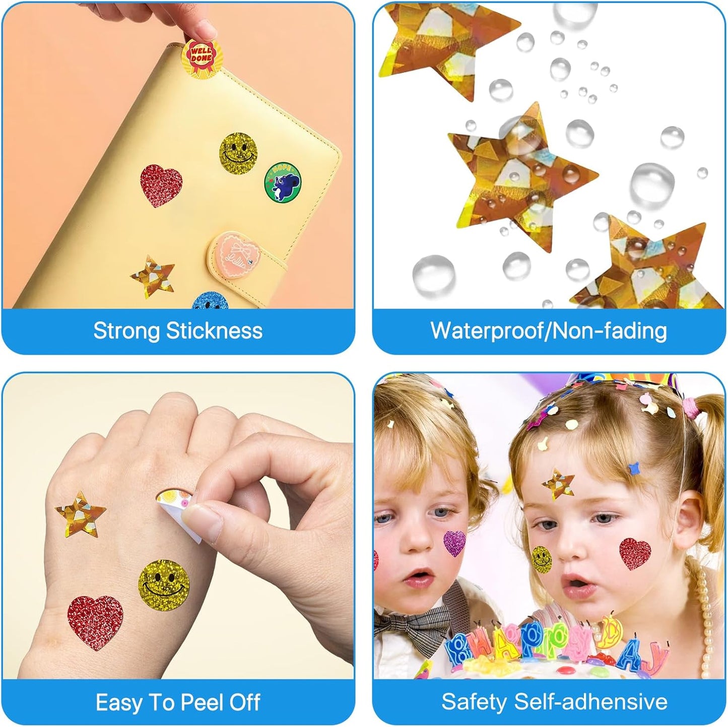 1520-Piece Manual Sticker Dispenser: 1-Inch Holographic Gold Stars, Red Hearts, and Smiley Faces for Kids' Rewards