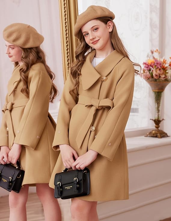 Girls’ Faux Fur Winter Dress Coat – Long Sleeve Jacket with Belt & Pockets (Khaki, Size 7)