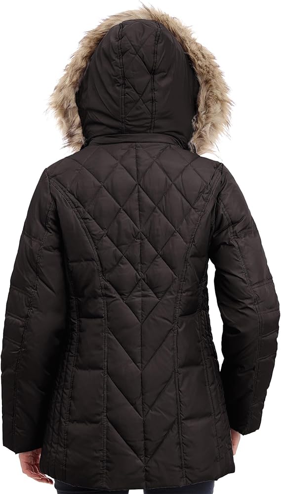 Women’s Diamond Quilted Down Coat – Lightweight with Detachable Fur Hood