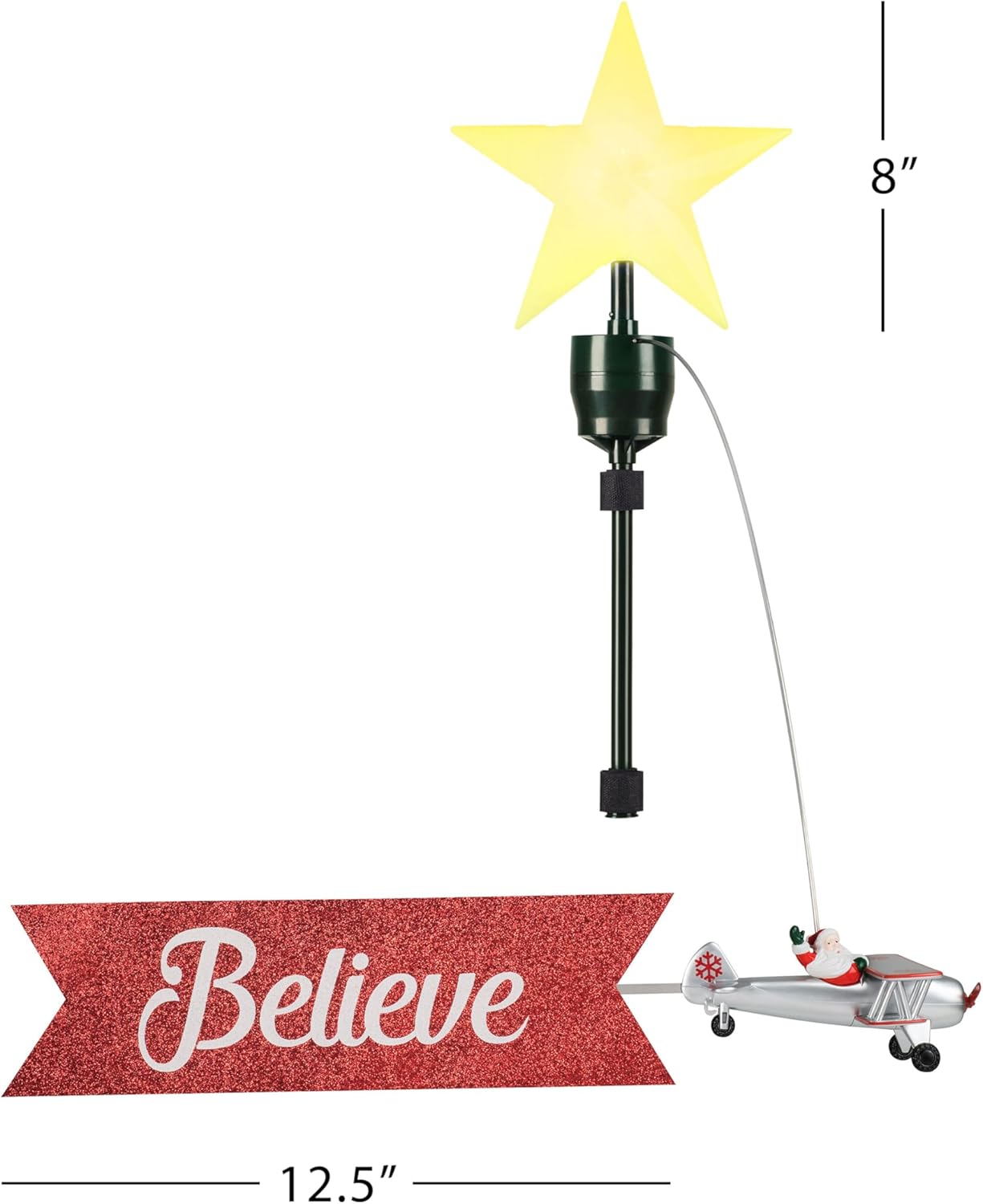 Santa's Animated Bi-Plane Christmas Tree Topper - White with Banner, LED Star, and Velcro Straps