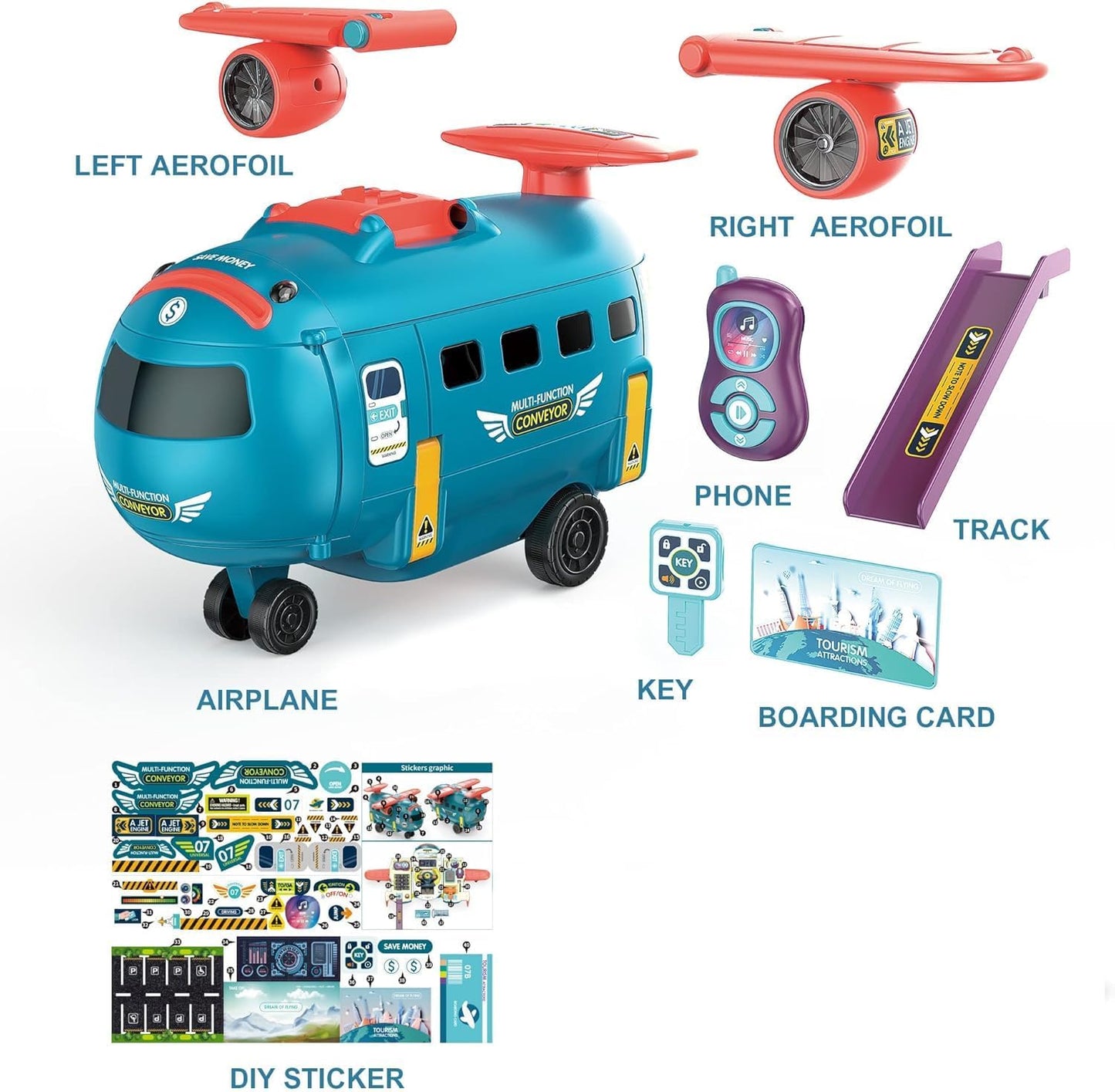 Airplane Car Toy with Steering Wheel – Sound & Light Educational Driving Toy for Kids (Ages 3+, Blue)