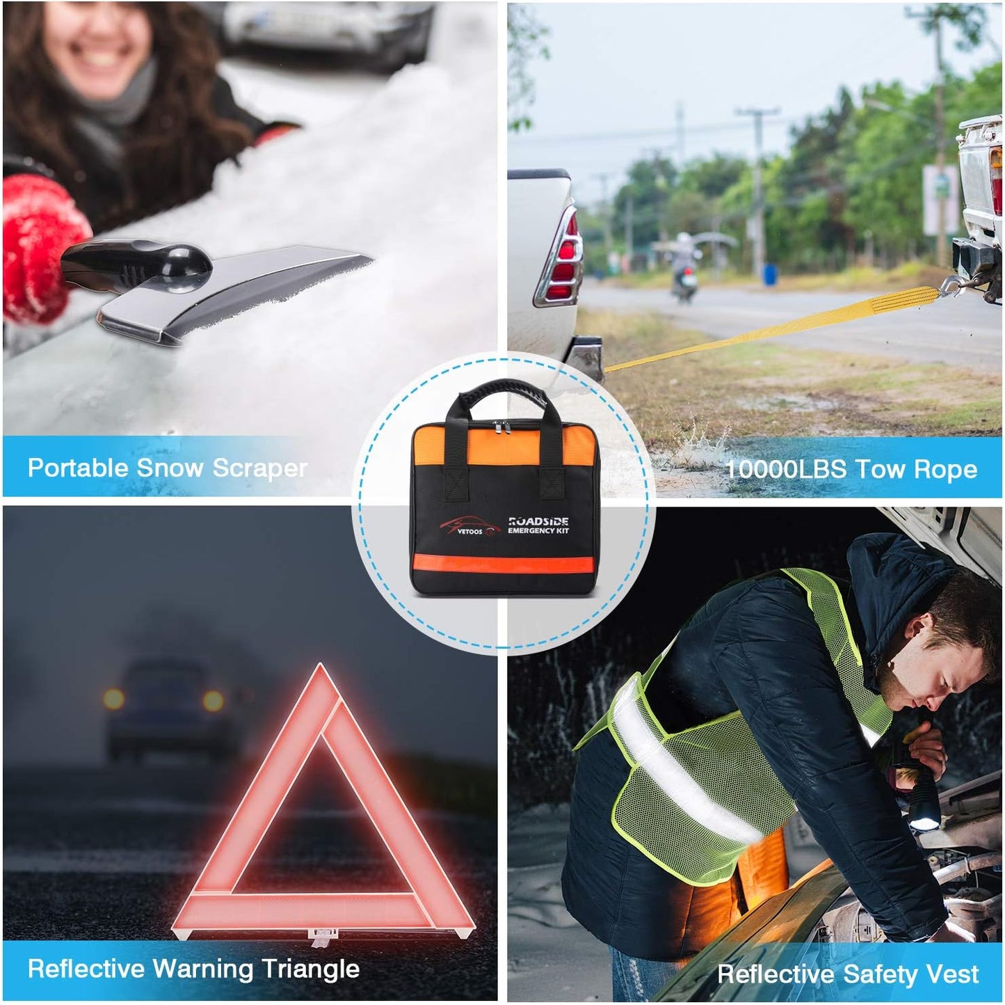 Vetoos Car Roadside Emergency Kit – Jumper Cables, Repair Tools & Folding Shovel