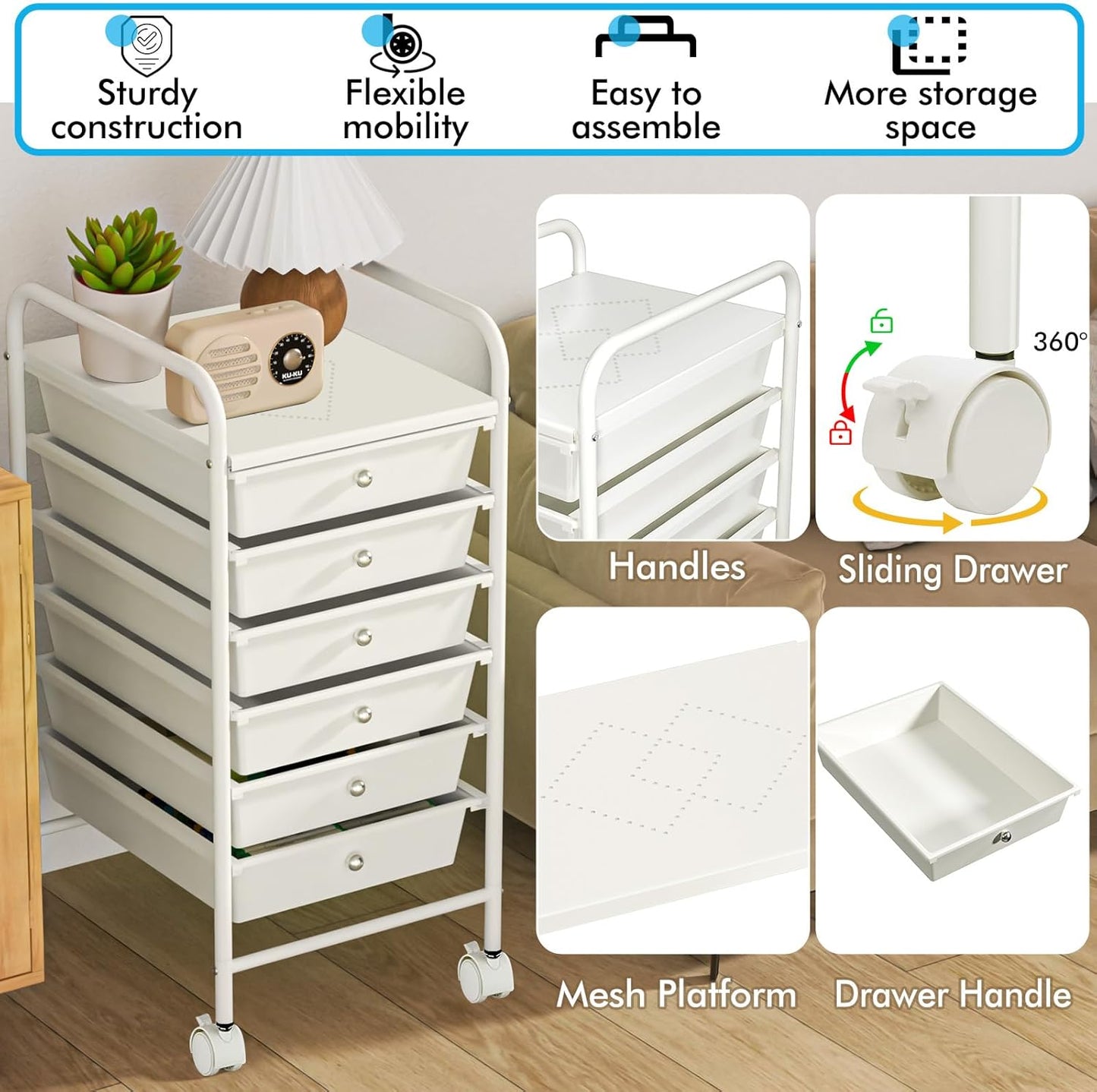 6-Drawer Rolling Storage Cart - Versatile Organizer for Home, Office, and Classroom