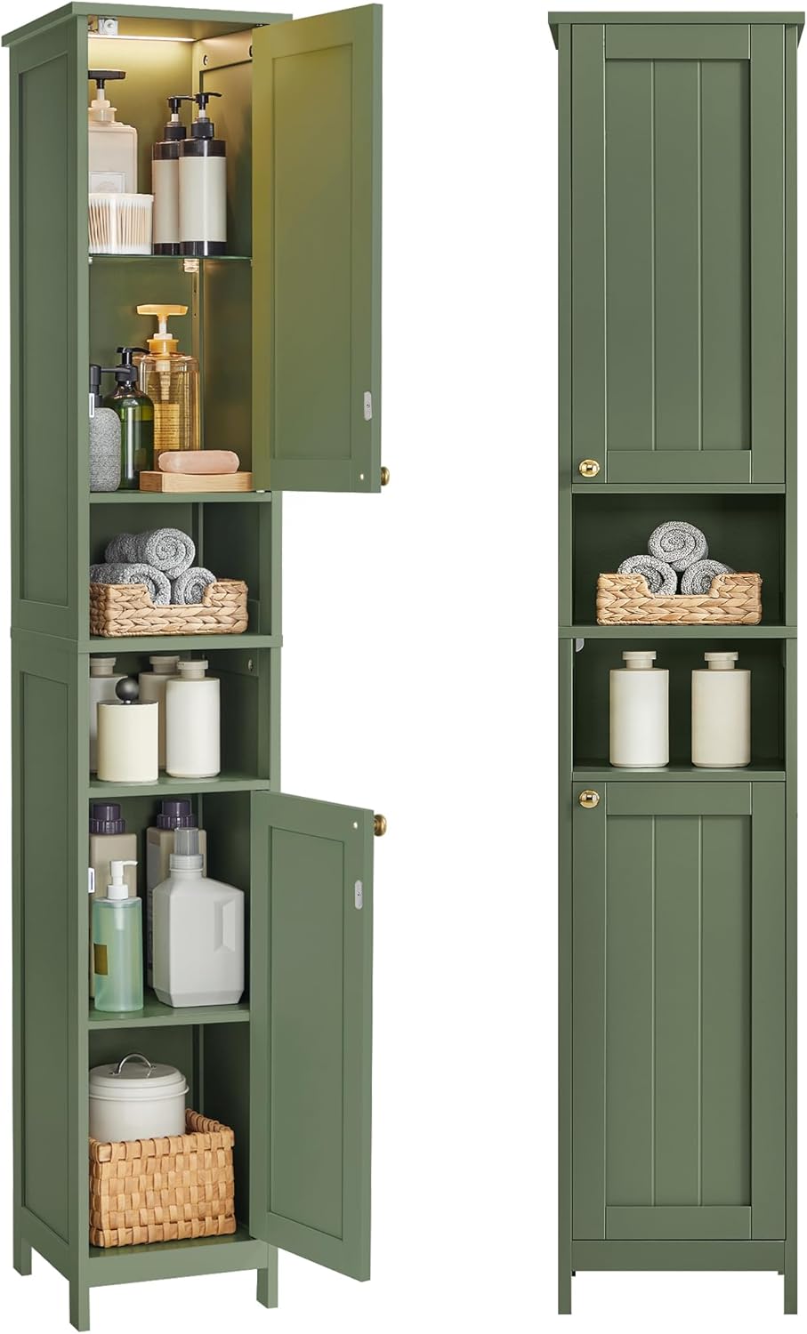 Slim Forest Green Bathroom Cabinet with Lights and Adjustable Shelves