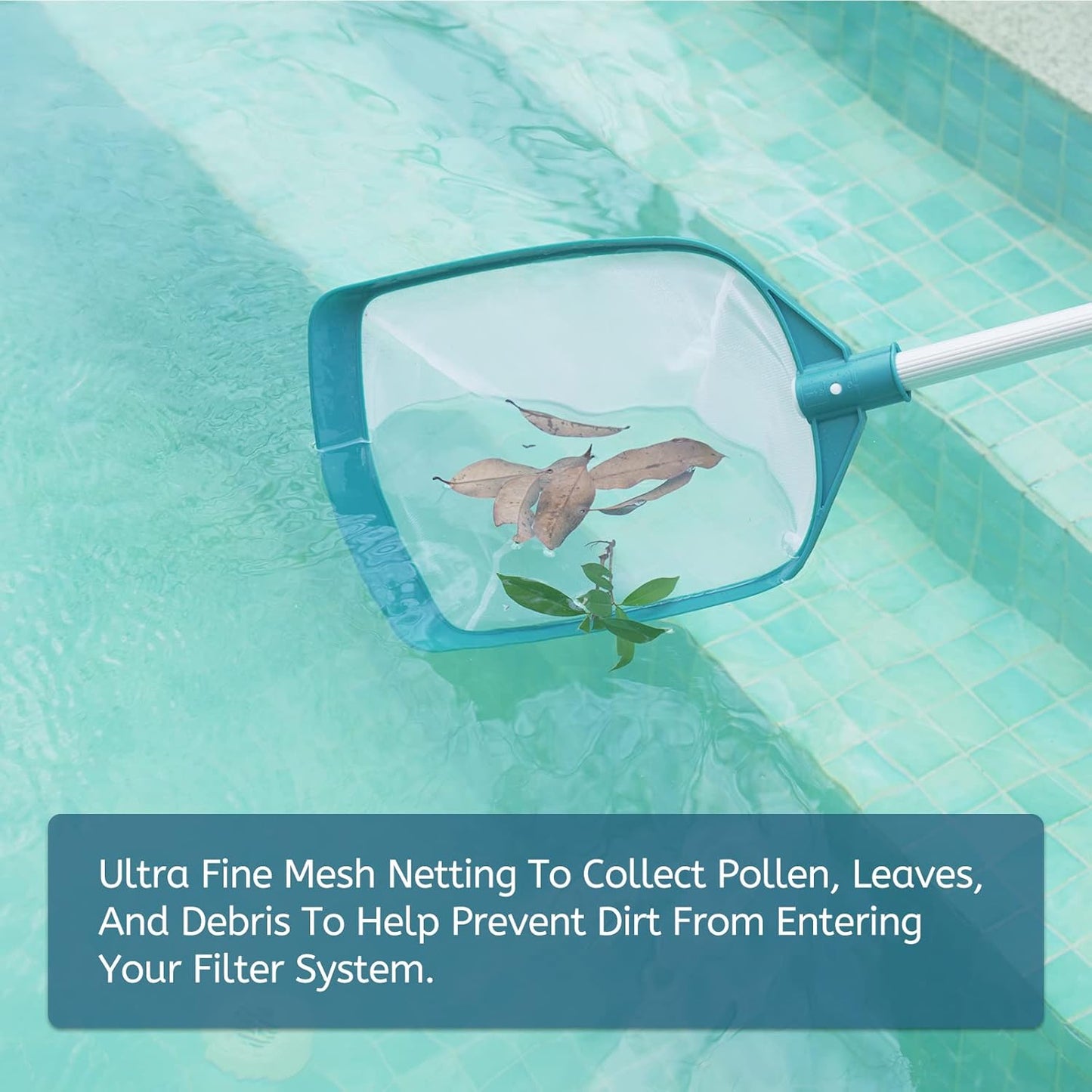 Telescopic Leaf Skimmer with Adjustable Aluminum Pole and Fine Nylon Mesh for Pools and Spas