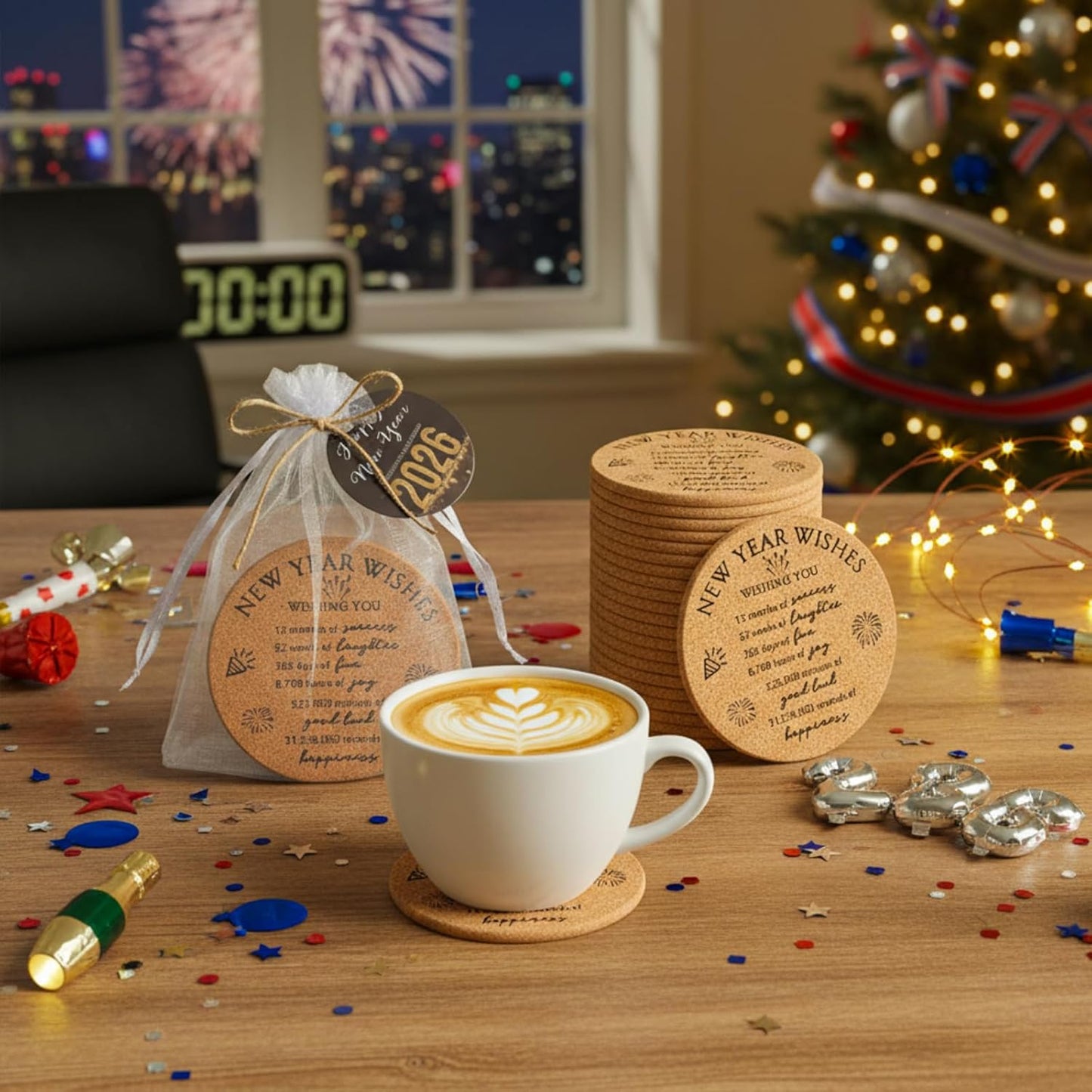 20 Sets Happy New Year Gifts - Cork Coasters with Blessing Cards for Guests (3.94" Cup Holders)