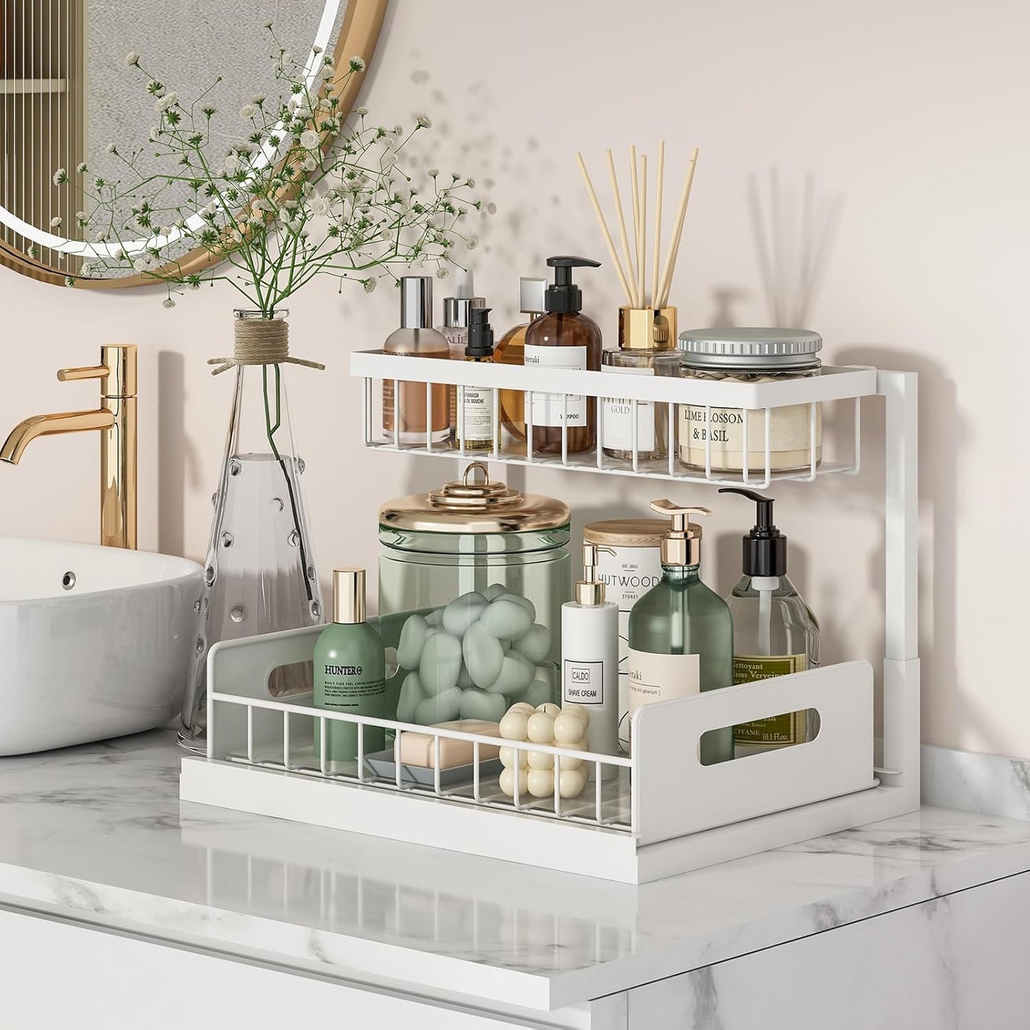 2-Tier Under-Sink Organizer – Pull-Out Cabinet Storage Shelf for Kitchen and Bathroom, Available in Gray, White, and Black (2-Pieces)