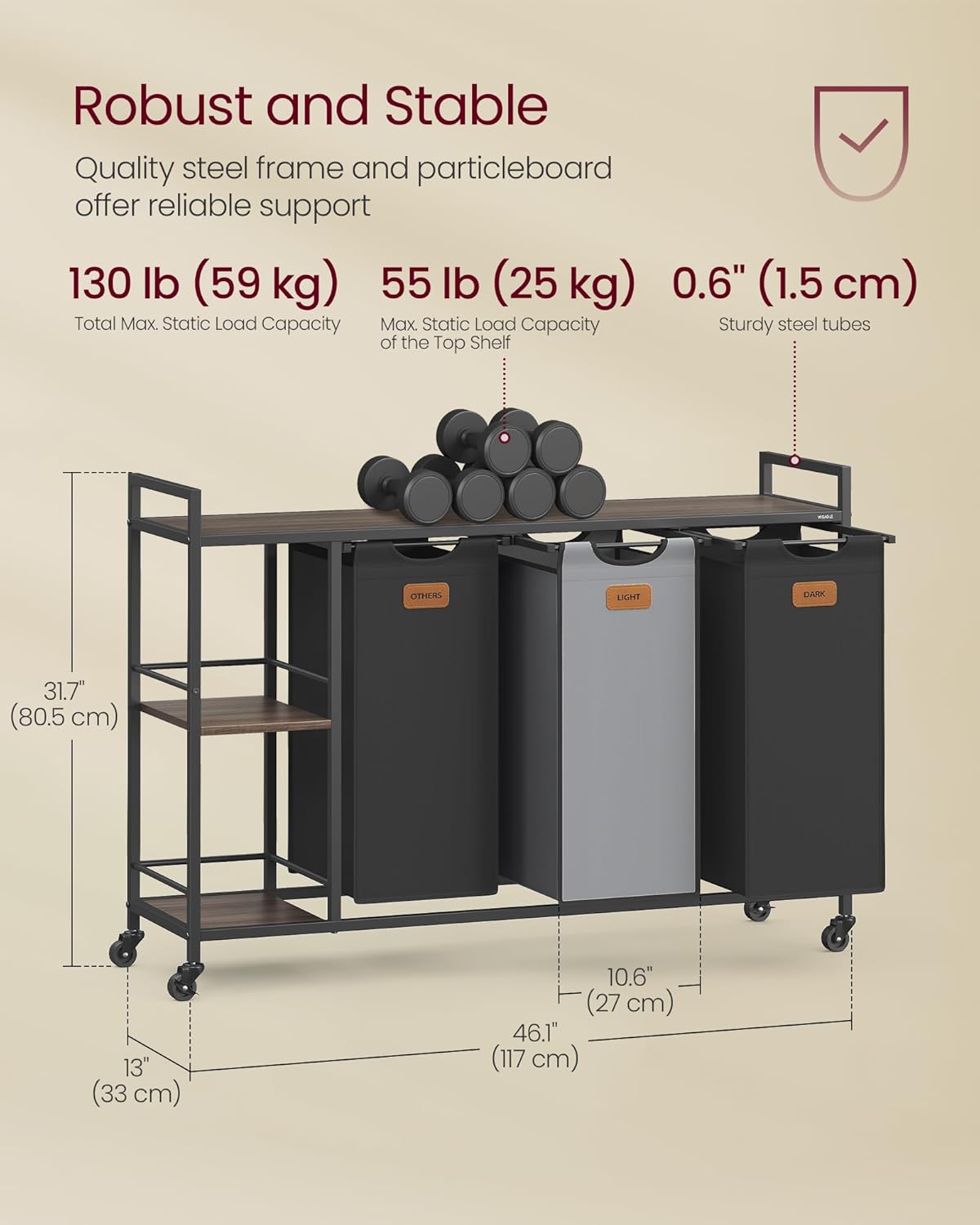 Laundry Hamper and Sorter: Rolling Cart with Shelves and Liners