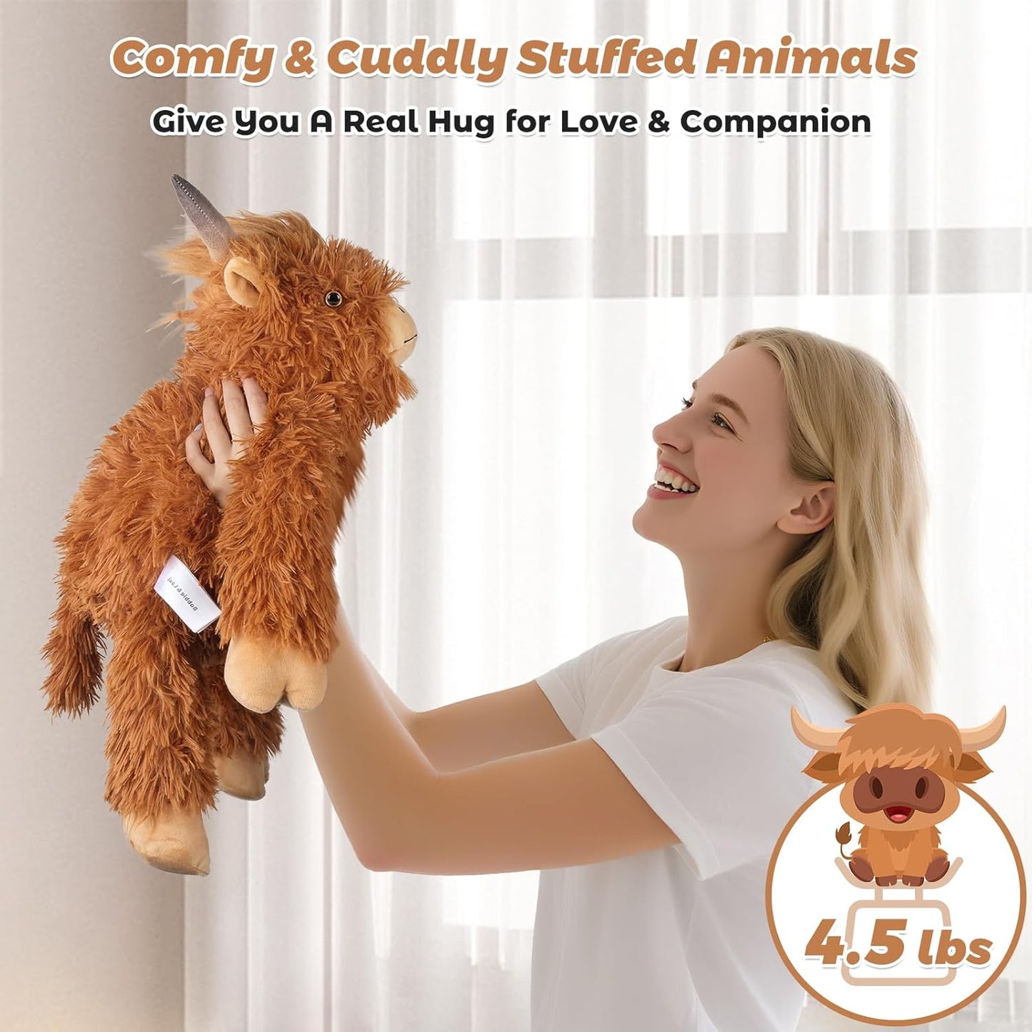 24" Highland Cow Weighted Plush – 4.5 lb Adjustable Sitting/Laying Stuffed Animal with Removable Ceramsite Bag