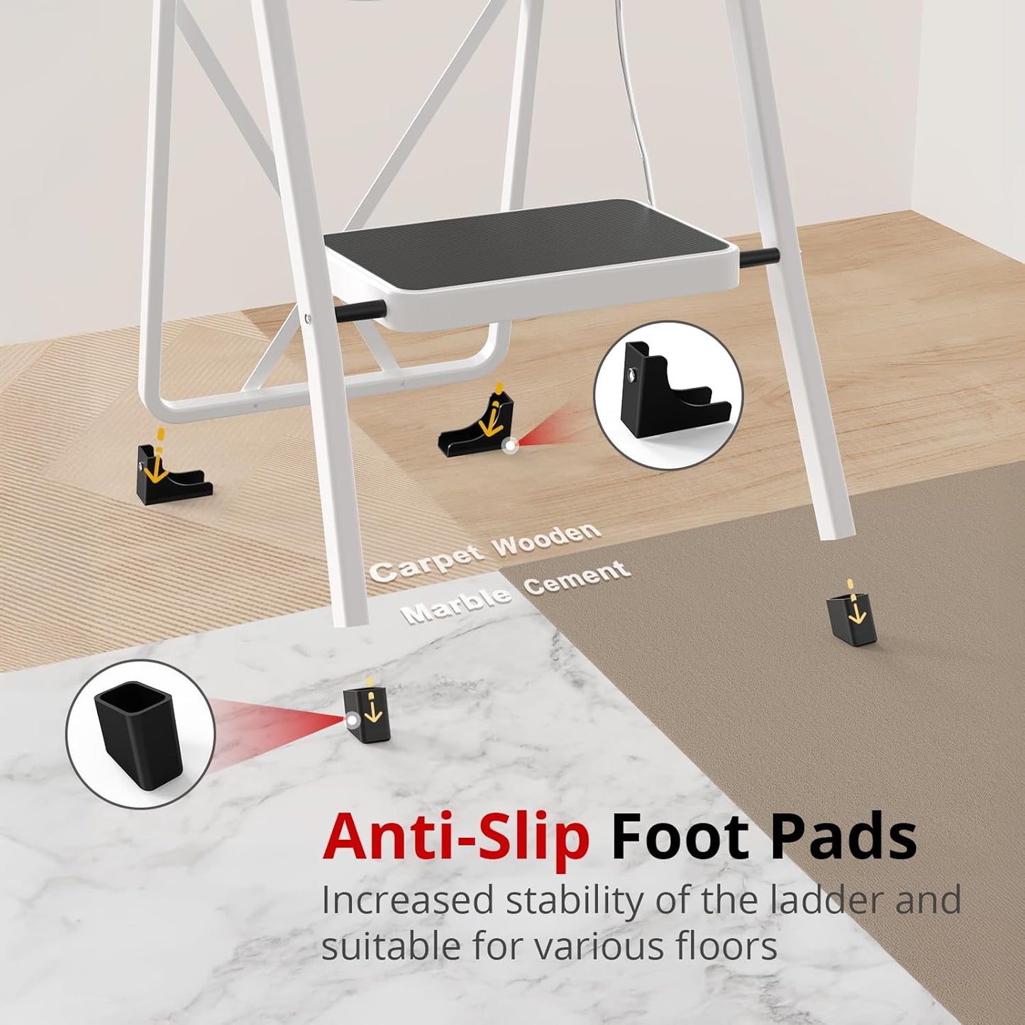 Folding Step Ladder Stool for Adults - Anti-Slip Pedal, 330 lbs Capacity, White - Ideal for Kitchen & Home