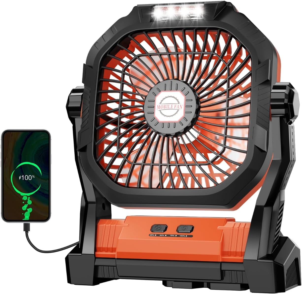 Rechargeable Camping Fan with LED Light & Hook - 20000mAh Battery, 4-Speed, 270° Adjustable
