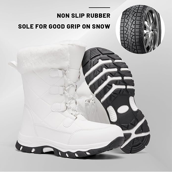 Women’s Water-Resistant Snow Boots – Faux Fur Lined Lace-Up Mid-Calf (White, Size 9)