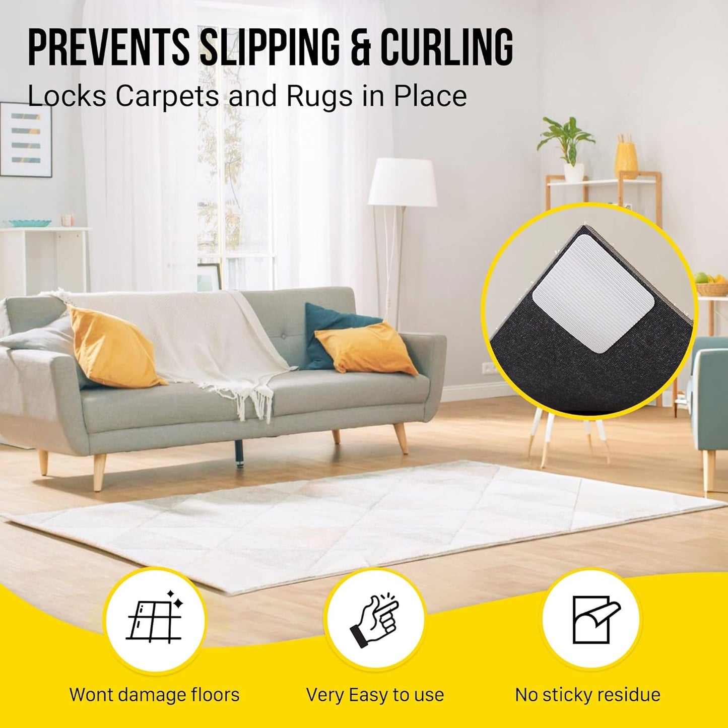 Non-Slip Rug Tape β Double-Sided Gripper Pads (12 pcs, 4" x 4")