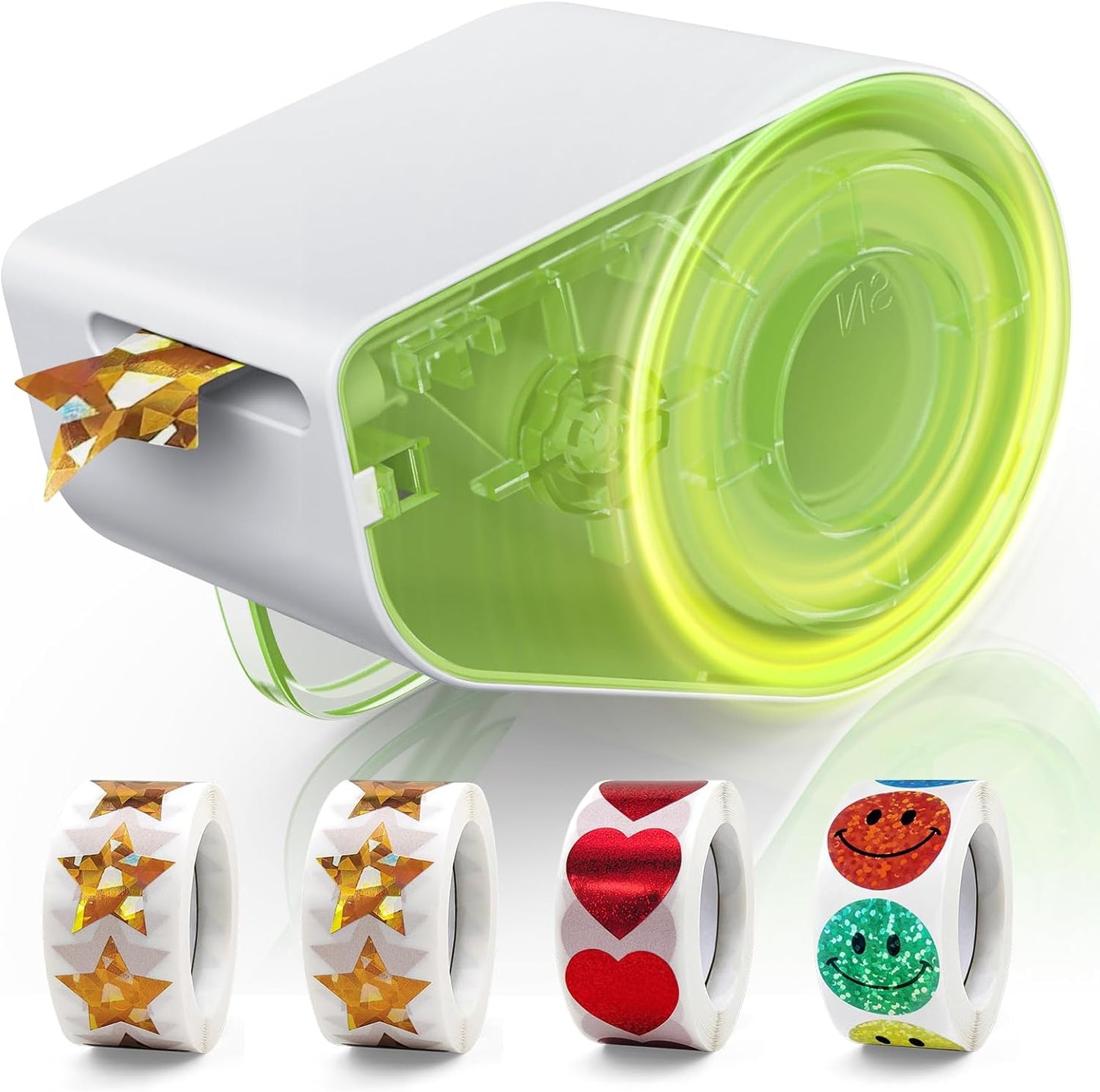 1520-Piece Manual Sticker Dispenser: 1-Inch Holographic Gold Stars, Red Hearts, and Smiley Faces for Kids' Rewards