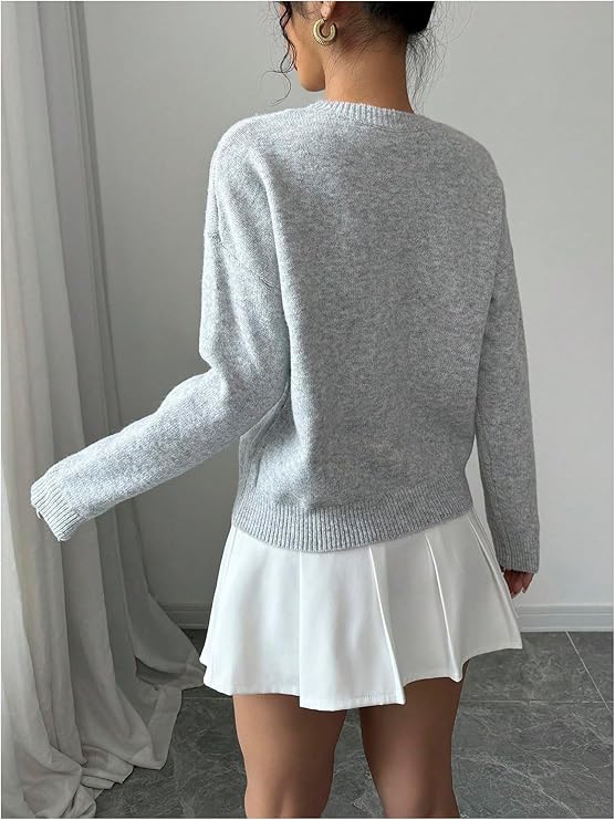 Women’s 3D Floral Appliqué Sweater – Long Sleeve Crewneck Knit Pullover