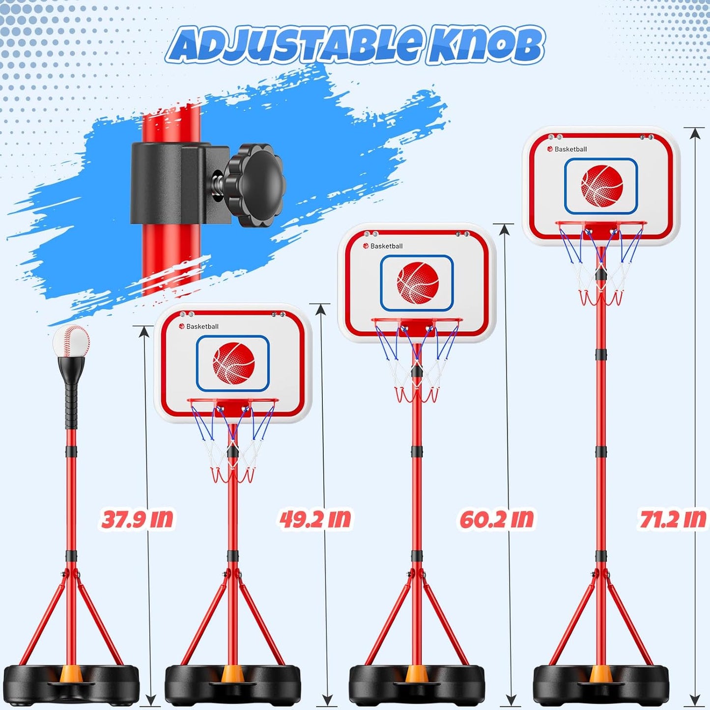 2-in-1 Kids Basketball Hoop and T Ball Set, Adjustable Basket Ball Stand, Outdoor and Indoor Toys Gifts