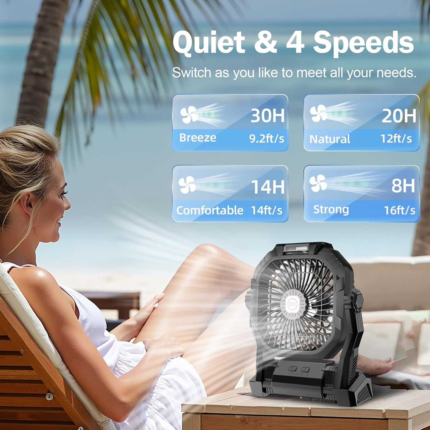 Rechargeable Camping Fan with LED Light & Hook - 20000mAh Battery, 4-Speed, 270° Adjustable