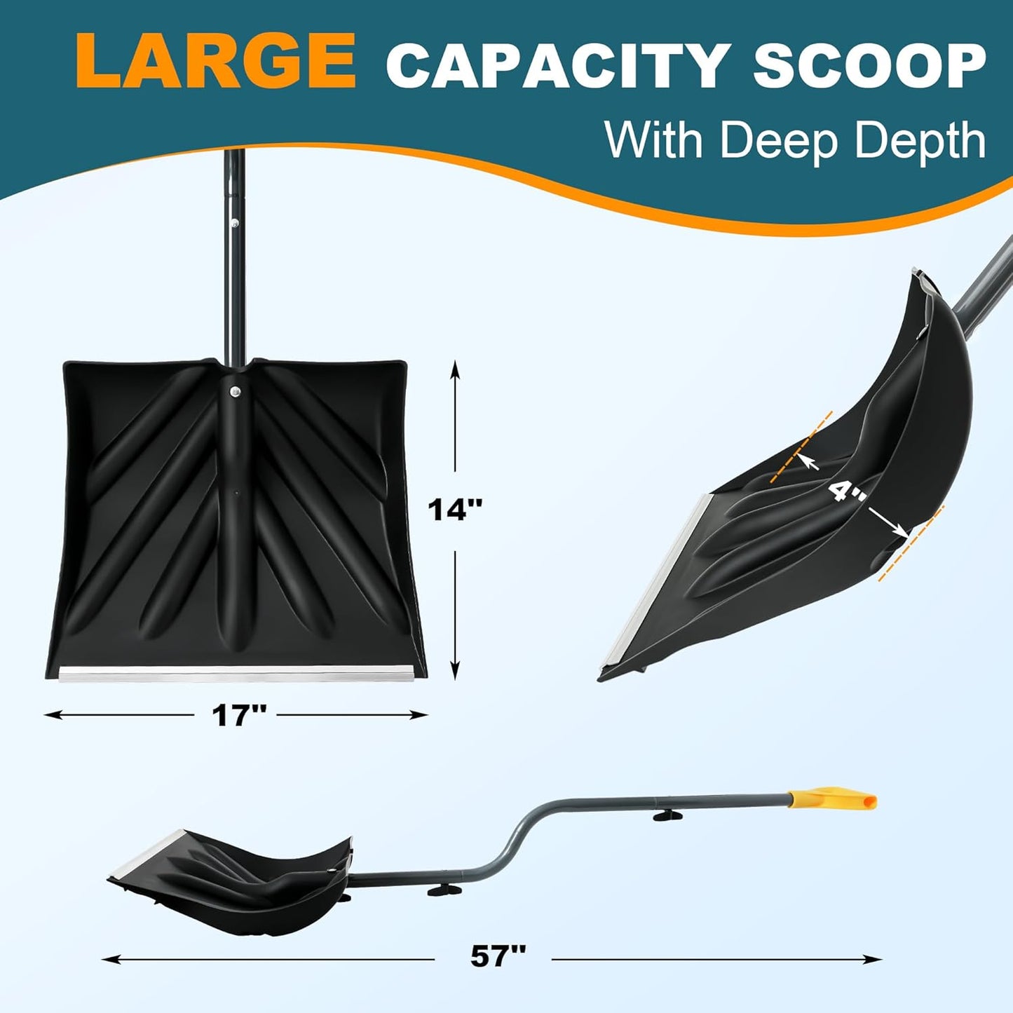 17-Inch Wide Snow Shovel 57” Long with Bent Handle Aluminum Edge Sharp Blade