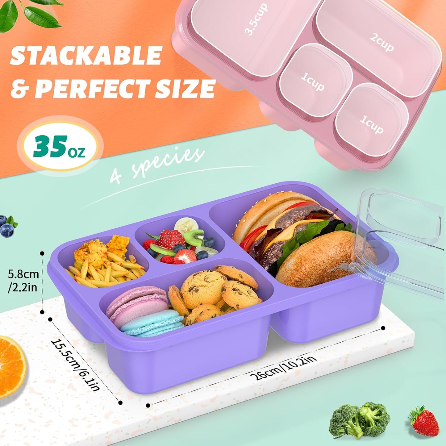 4-Pack Bento Lunch Box Set - Microwave & Dishwasher Safe