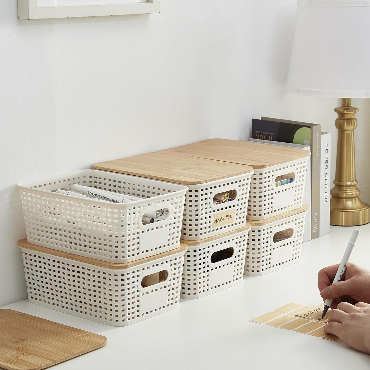 Small Plastic Storage Bins with Bamboo Lids – 5.2 Qt Stackable Organizer Boxes with Labels – Cream White (6 Pack)
