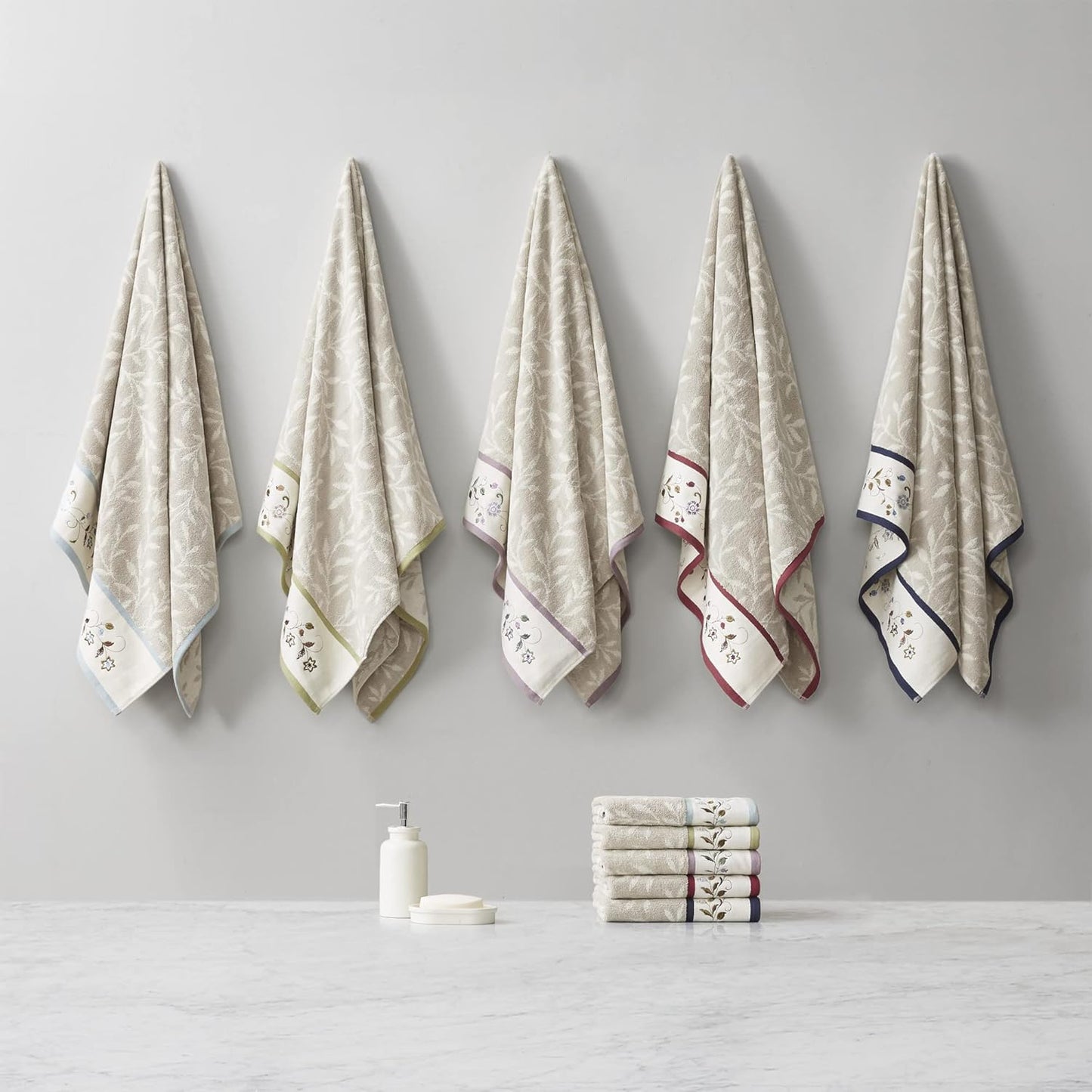 6-Piece Luxurious Floral Cotton Bath Towel Set with Embroidered Jacquard Design