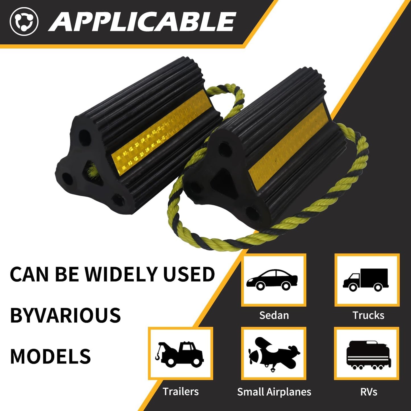Rubber Wheel Chocks with Rope & Reflective Strips ā 4 Pack for RVs, Trailers, Campers, Trucks, Cars & Boats