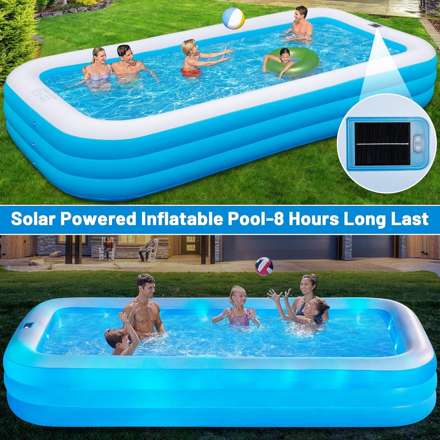 Inflatable Solar Pool with Lights, 7-Color Blow-Up Pool for Kids and Adults