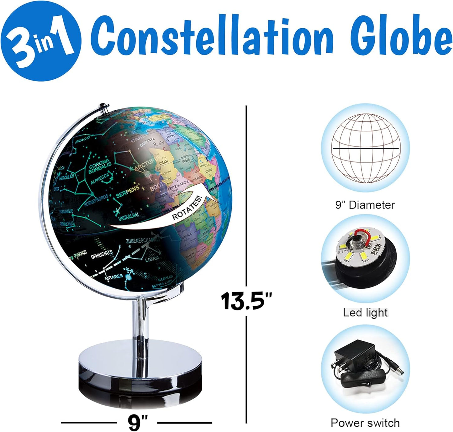 3in1 Illuminated STEM Globes for Adults and Kids with Stand, Built-in LED Night Light
