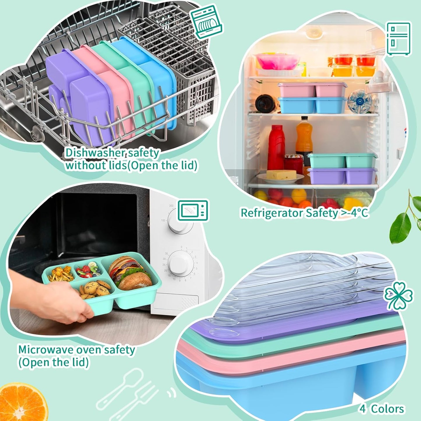 4-Pack Bento Lunch Box Set - Microwave & Dishwasher Safe