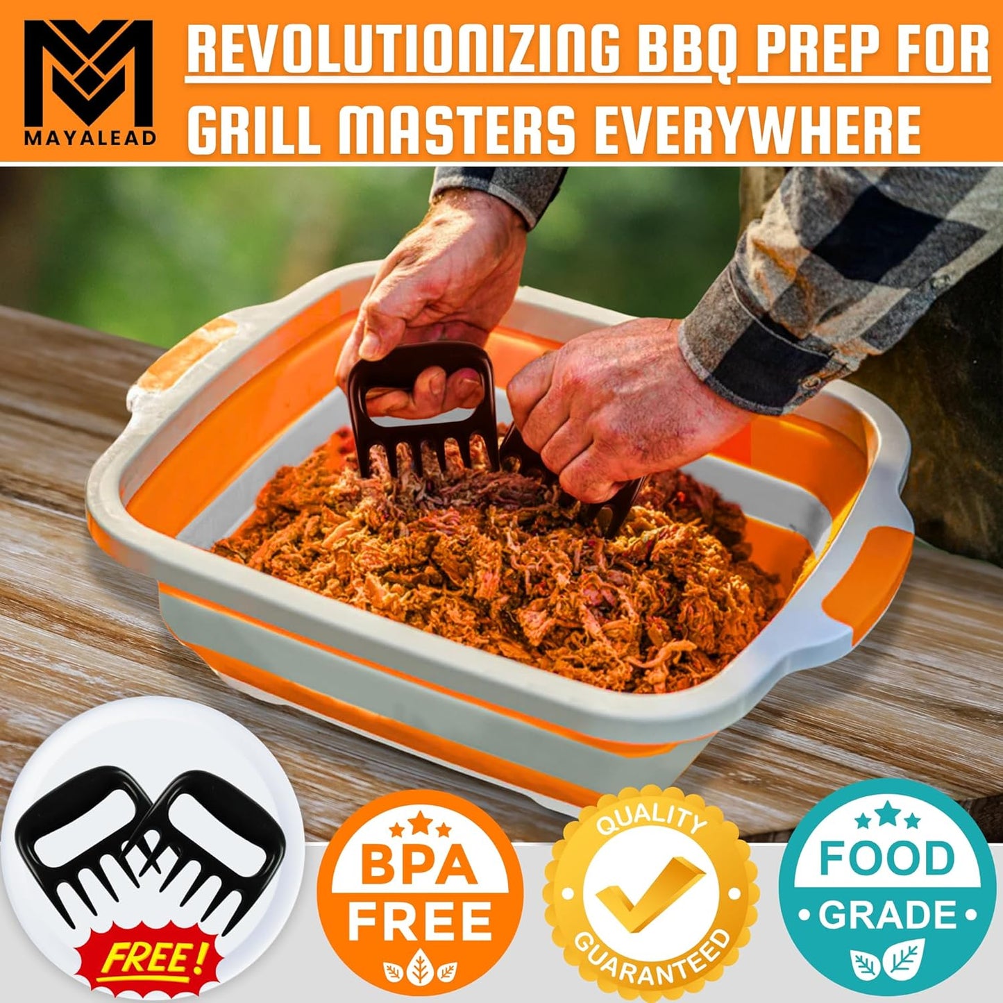 BBQ Prep Tub XL Size with 2 Meat Shredder Claws, Collapsible Cutting Board, and Drip Easy Lid