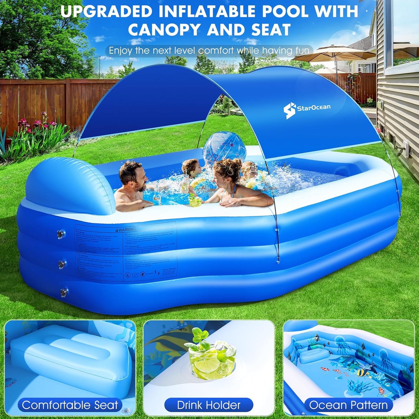 Large Inflatable Pool with Canopy, Seats, and Backrest for Kids and Adults