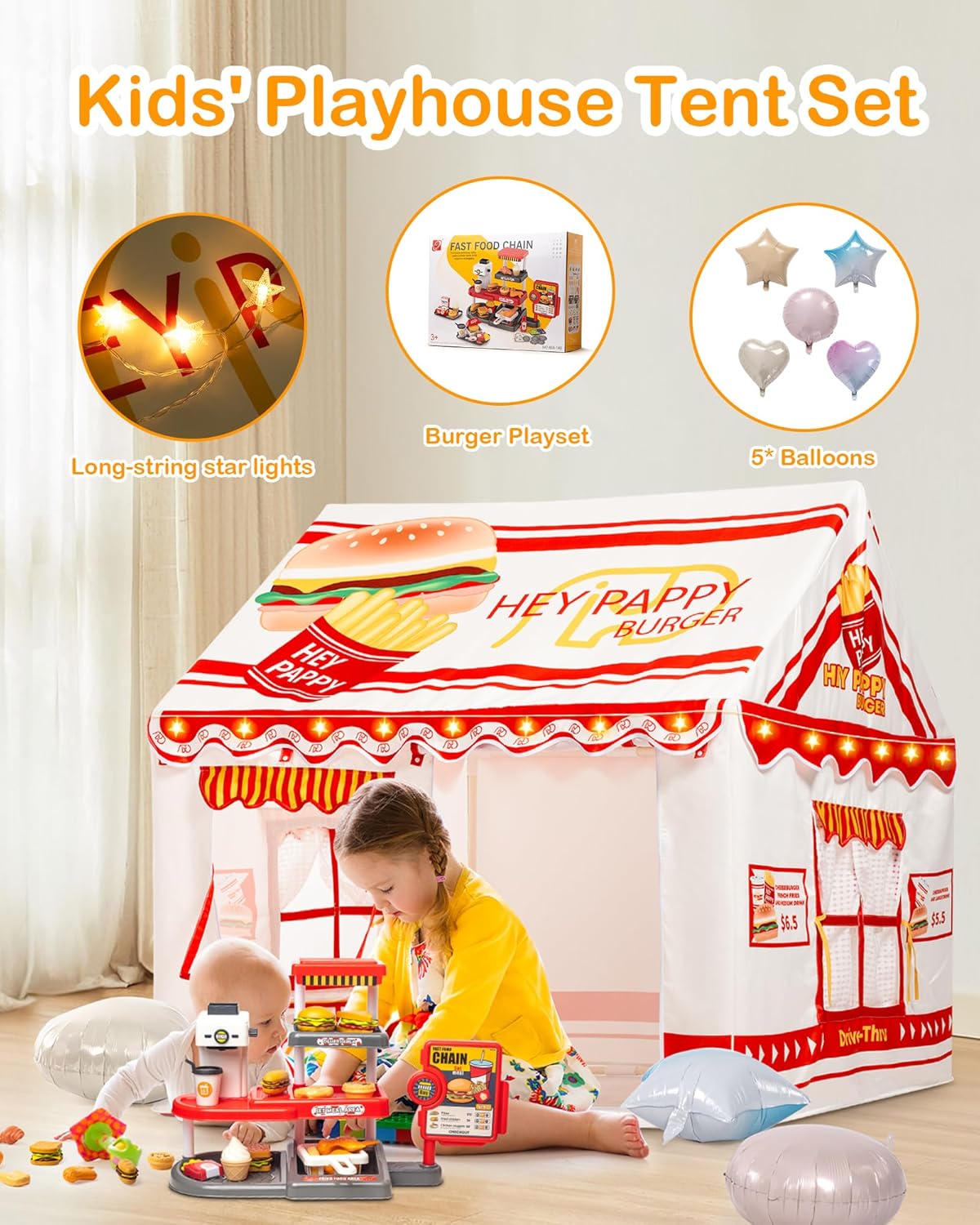 Burger-Themed Toddler Playhouse Tent with Complete Toy Set, Window, Lights, and Balloons