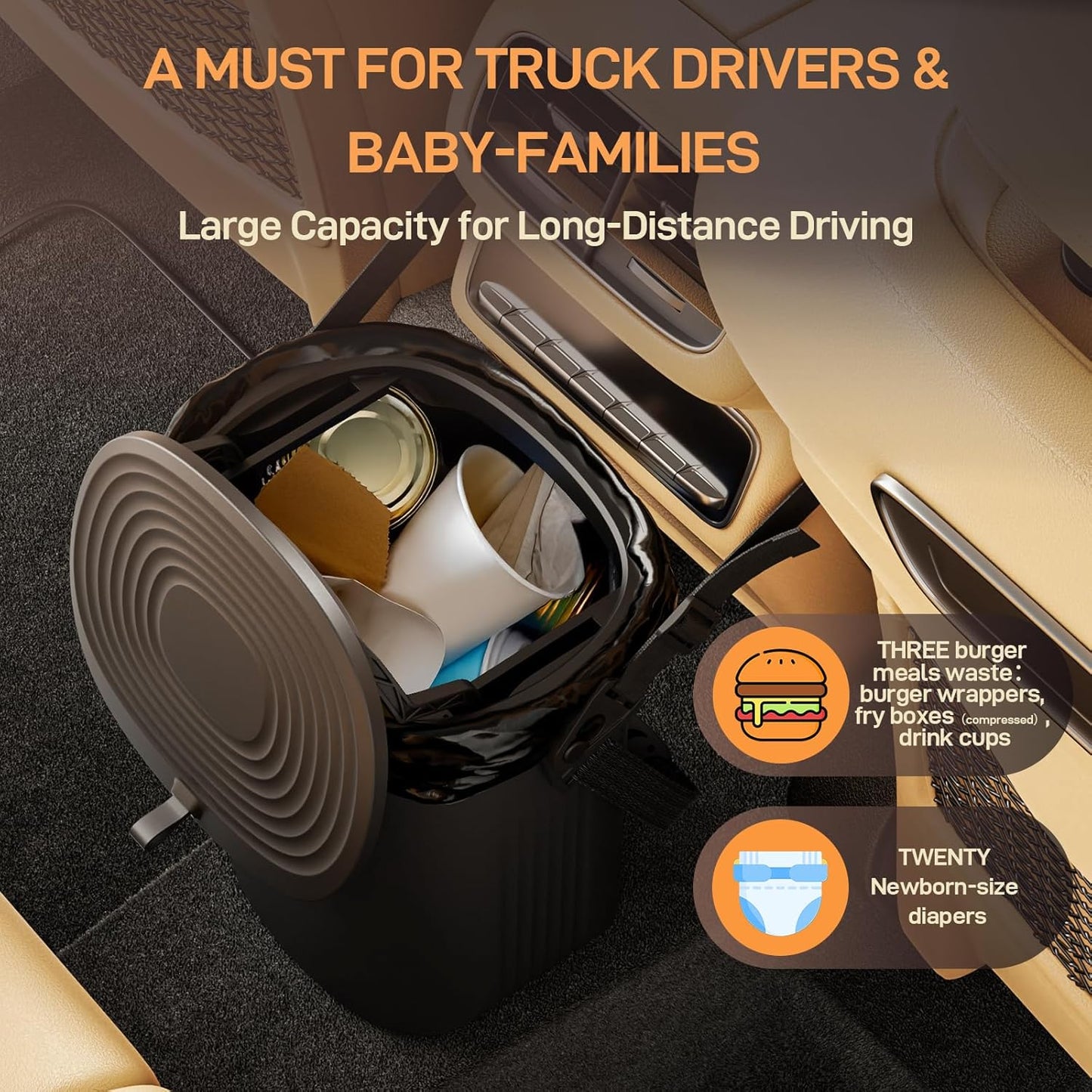 Leakproof Silicone Car Trash Can with Lid – 2 Gallon Vehicle Garbage Bin for Sedan, SUV, Van & Truck – Black