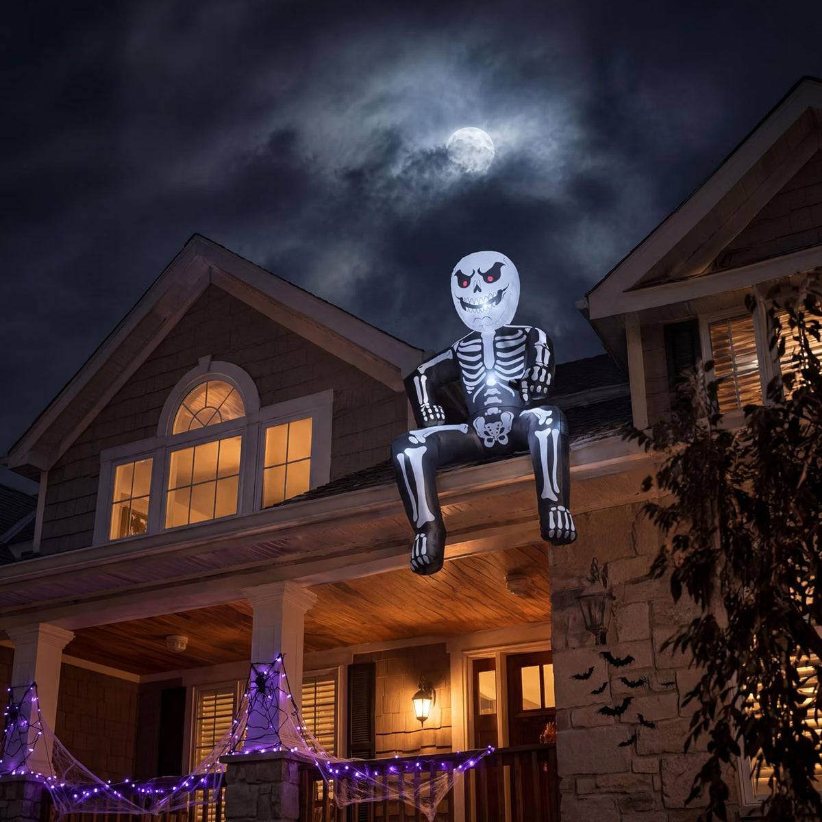 8.5 FT Halloween Inflatable Rooftop Skeleton – LED Light-Up Blow-Up Decoration for Outdoor Yard, Garden, Porch & Patio
