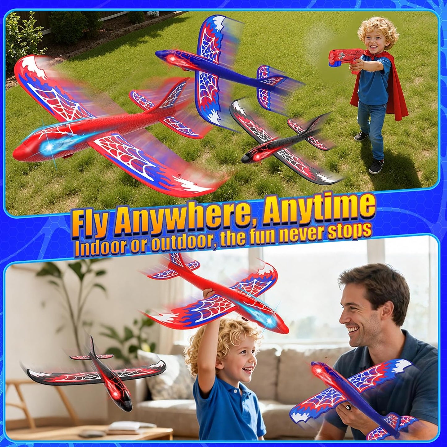3-Pack Airplane Launcher Toy – Glowing Eyes & Web-Pattern Wings | 2 Flight Modes for Outdoor Fun, Perfect for Kids Ages 3-12 – Great Birthday Gift (Red, Blue & Black)