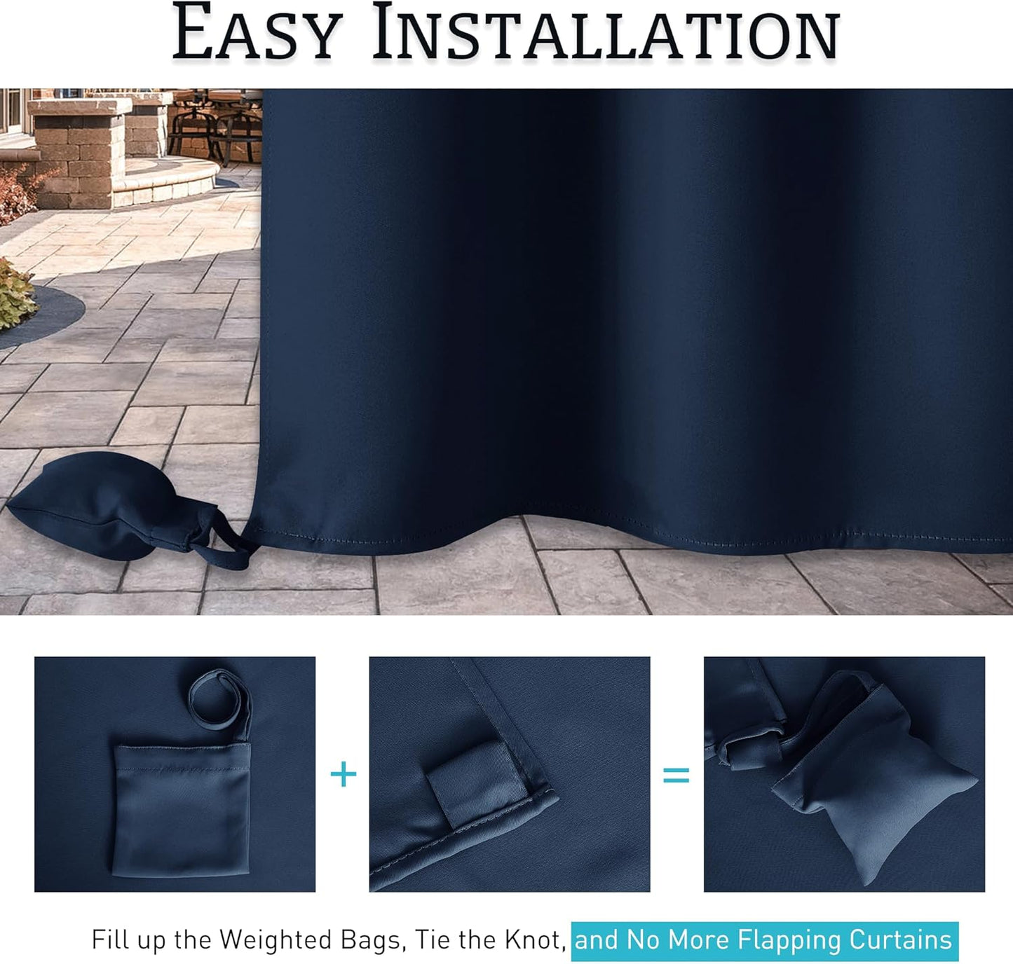 Outdoor Curtains Windproof Waterproof Blackout Curtain with Weight Bag, Privacy Insulated Drapes