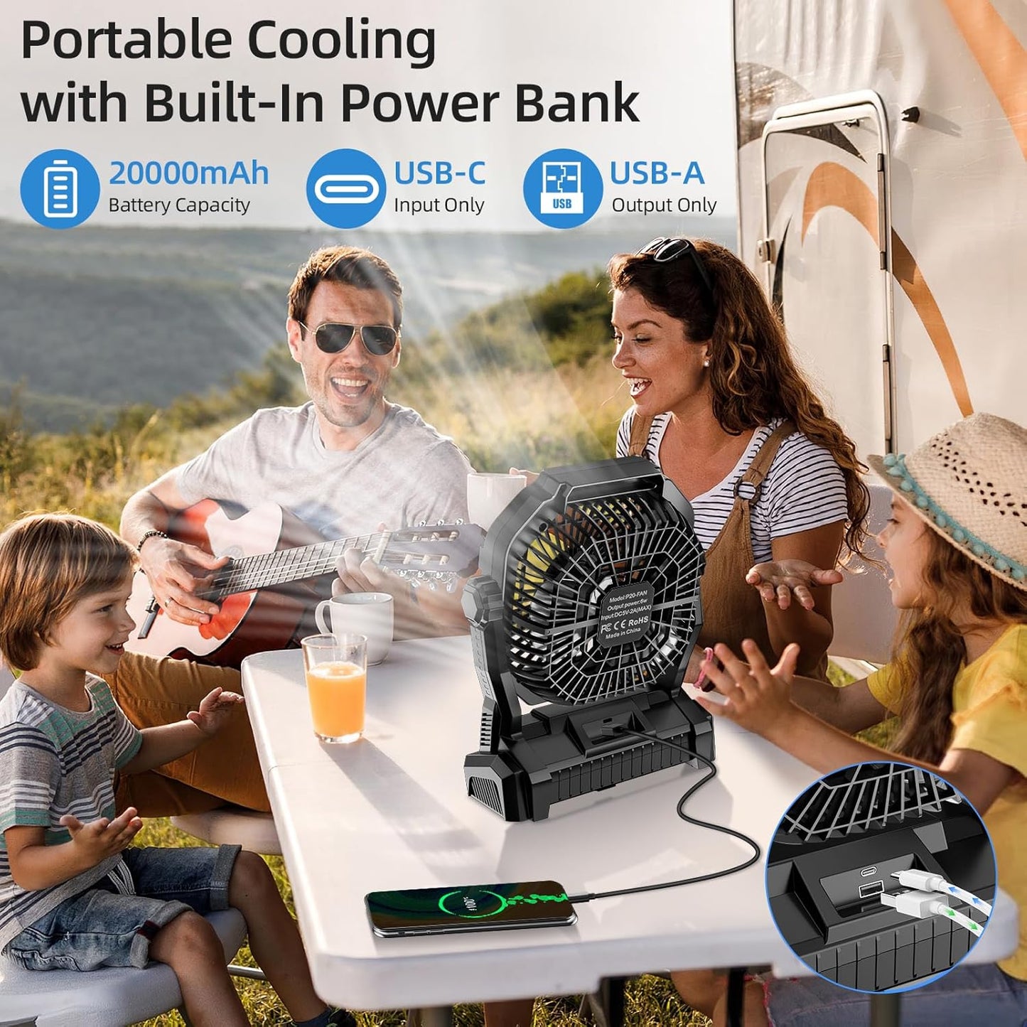 Rechargeable Camping Fan with LED Light & Hook - 20000mAh Battery, 4-Speed, 270° Adjustable