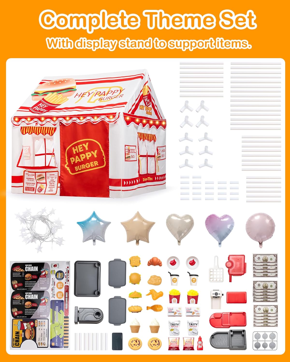 Burger-Themed Toddler Playhouse Tent with Complete Toy Set, Window, Lights, and Balloons