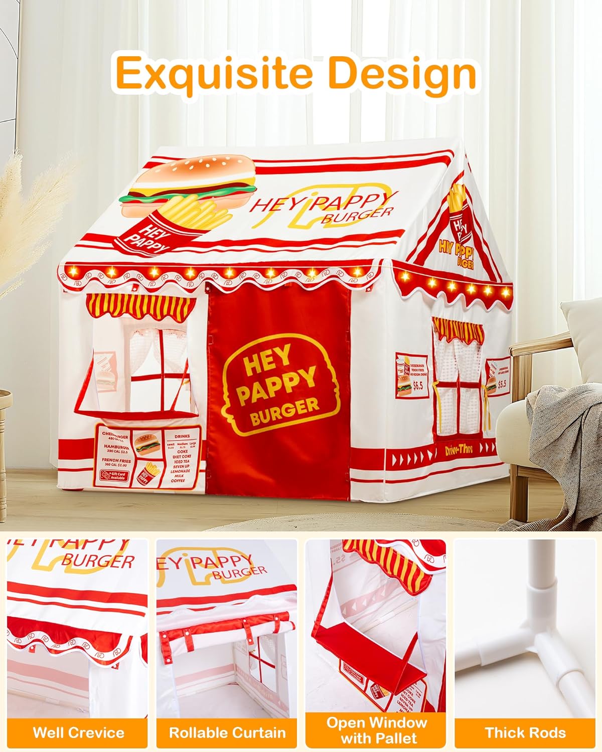Burger-Themed Toddler Playhouse Tent with Complete Toy Set, Window, Lights, and Balloons