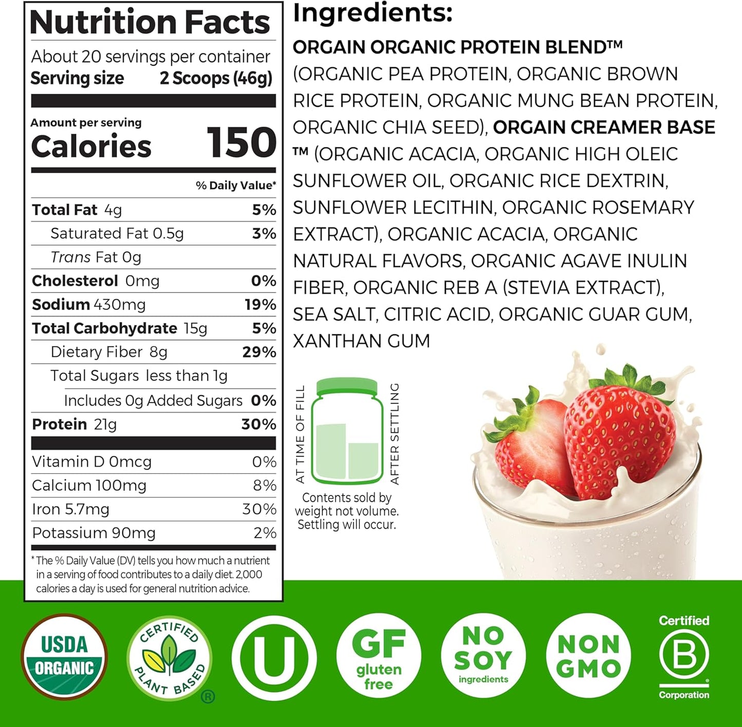 Orgain Organic Vegan Protein Powder – Strawberries & Cream, 21g Plant Protein