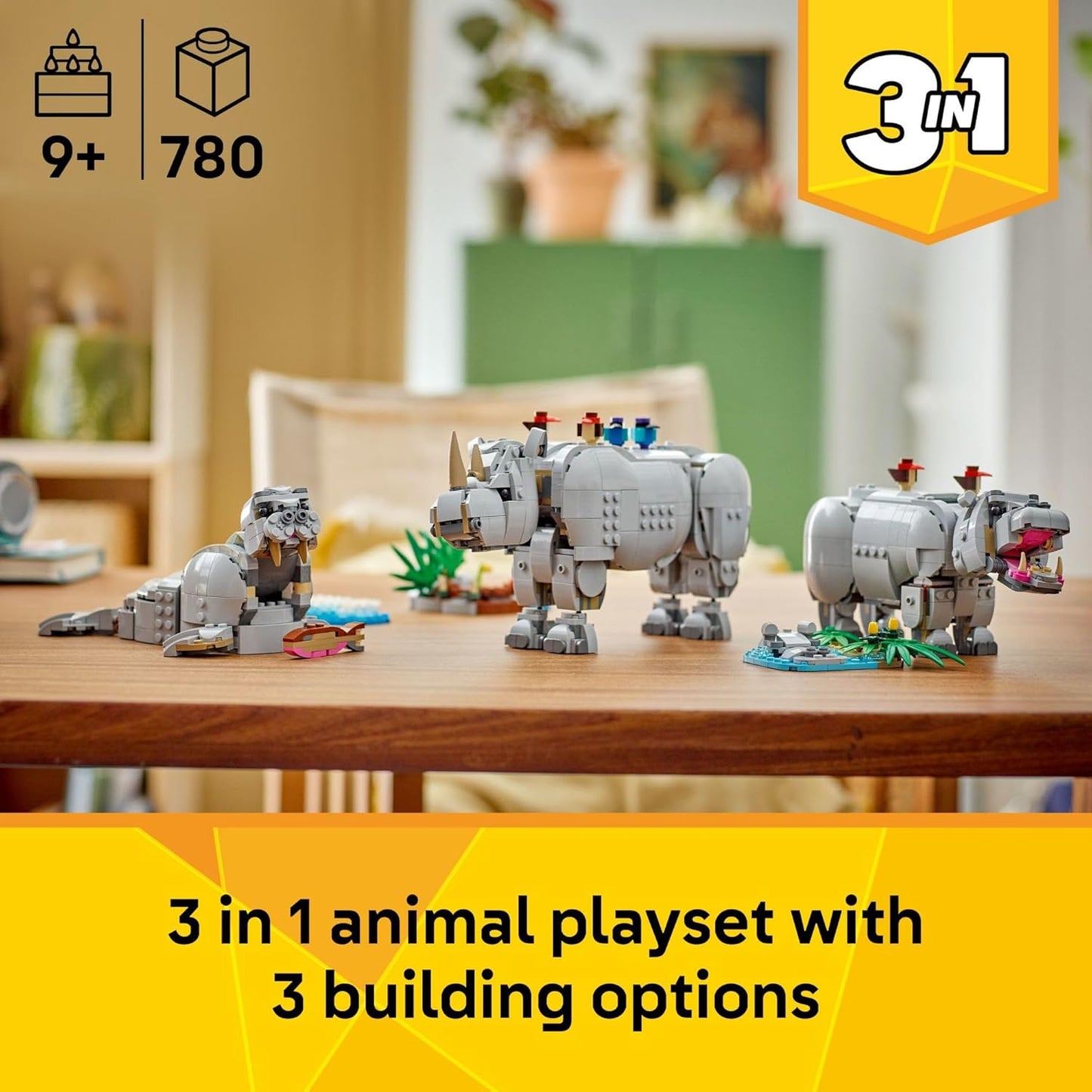 3-in-1 Wild Animals Rhino Building Toy for Ages 9+