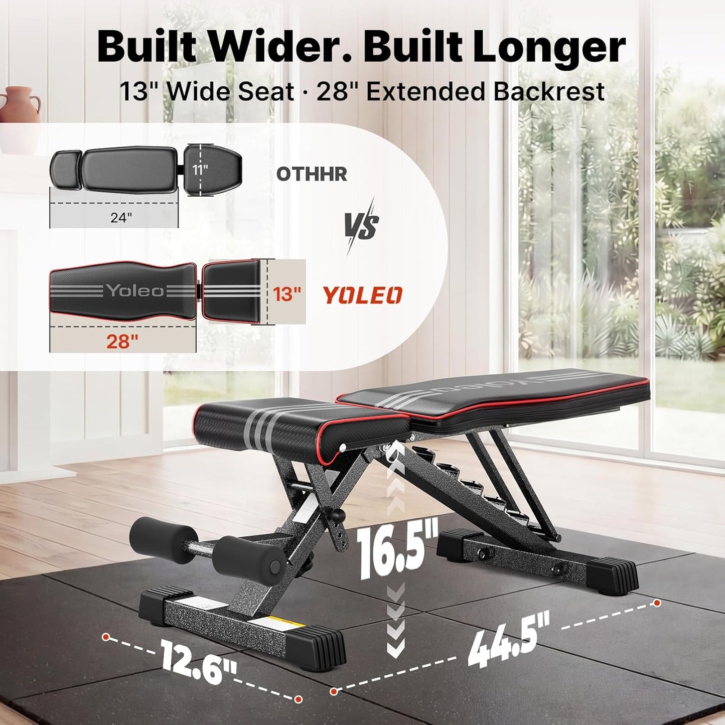 Adjustable Weight Bench โ ASTM-Certified 827 lb Foldable Gym Bench with Incline, Decline & Flat Positions โ Wider Seat