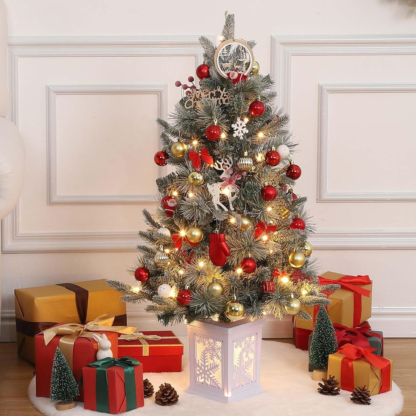 Set of 2 - 3ft Prelit Christmas Trees with 78 Warm Lights & Snowflake Base