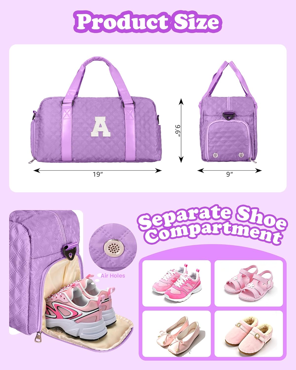 Initial Weekender Duffle Bag – Personalized Travel & Gym Bag (Purple, Letter A)