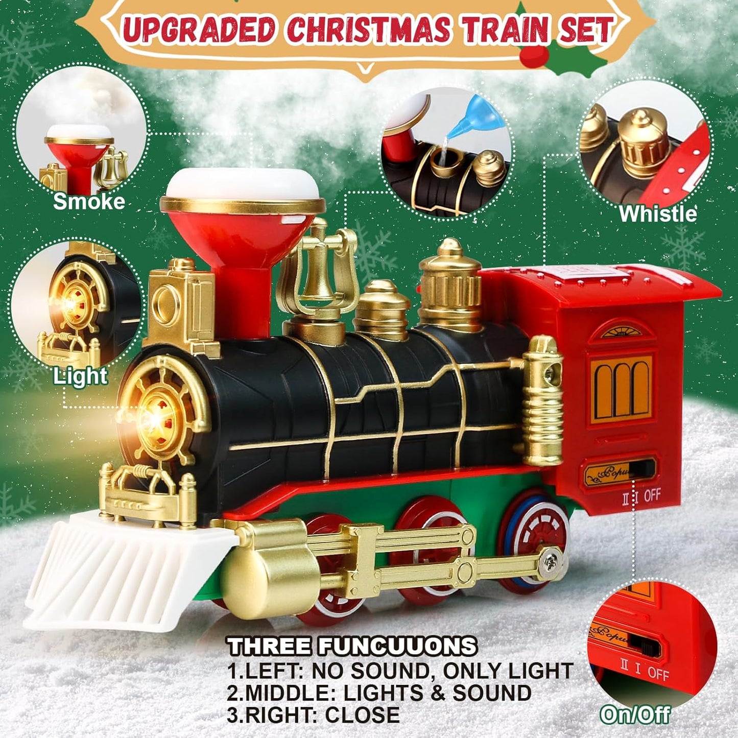Holiday Train Set for Christmas - Hanging Toys with Smoke, Whistle (On/Off), and Lights for Tree Decoration